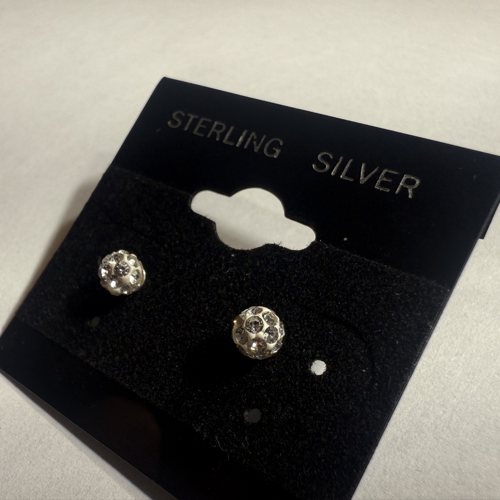 Sterling Silver Crystal Ball Stud Earrings - Silver